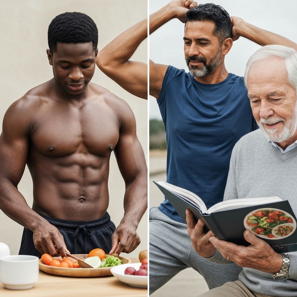 Men in mid-adulthood maintaining healthy nutrition and activity